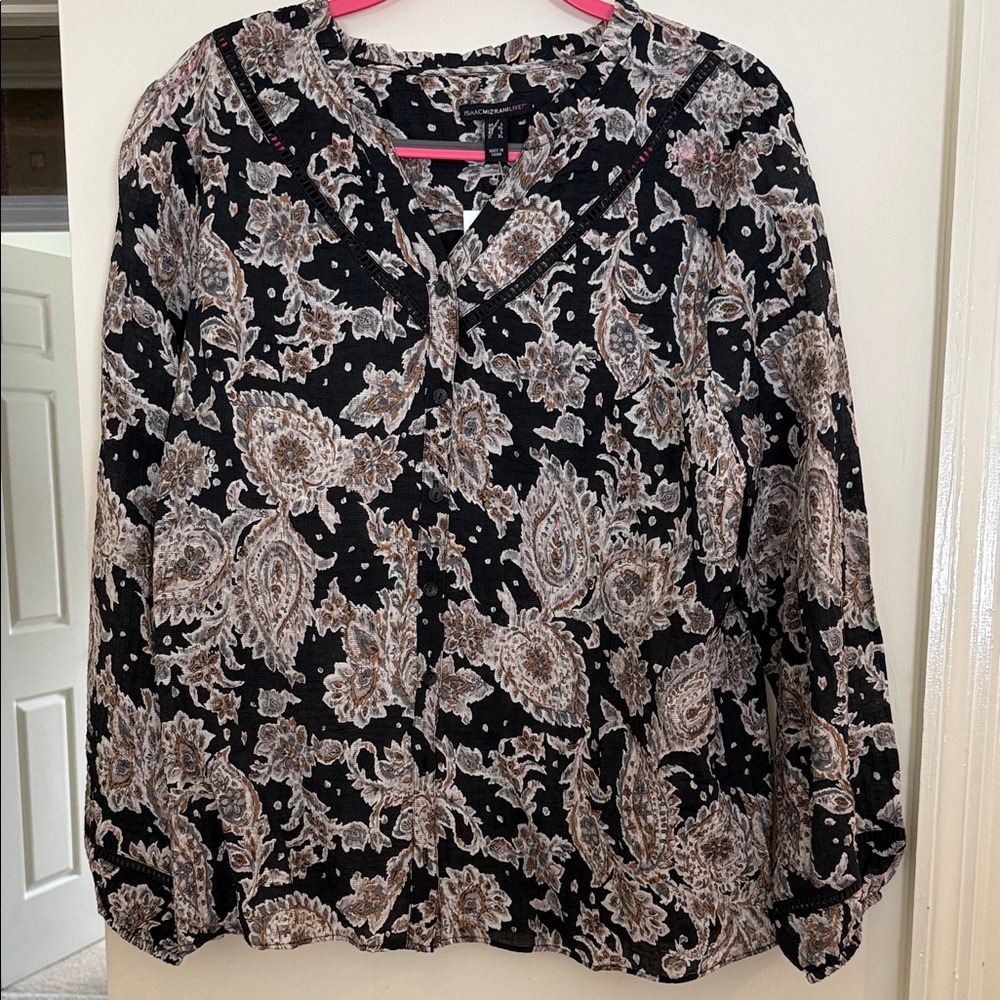 Isaac Mizrahi Black and Tan Paisley Blouse